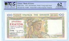 Greece
Bank of Greece (ΤΡΑΠΕΖΑ ΤΗΣ ΕΛΛΑΔΟΣ)
100 Drachmai, 1st September 1935
S/N AΣ=023 742807
Printer BDF
Pick 105a; Pitidis 104

Graded Uncirculated...
