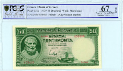 Greece
Bank of Greece (ΤΡΑΠΕΖΑ ΤΗΣ ΕΛΛΑΔΟΣ)
50 Drachmai, 1st January 1939
S/N Λ.046 458486 
Printer.TDLR
Pick 107a; Pitidis 106

Graded Suberb Gem Unc...