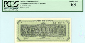 Greece
Bank of Greece (ΤΡΑΠΕΖΑ ΤΗΣ ΕΛΛΑΔΟΣ)
2.000.000.000 Drachmai, 11 October 1944
S/N KZ 205697 
Printer.Athens
Pick 133a; Pitidis 133

Graded Choic...