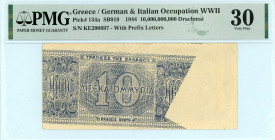 Greece
Bank of Greece (ΤΡΑΠΕΖΑ ΤΗΣ ΕΛΛΑΔΟΣ)
10.000.000.000 Drachmai, 20th October 1944
S/N KE200697 with prefix letters
Obstracted printing error
Pick...