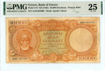 Greece
Bank of Greece (ΤΡΑΠΕΖΑ ΤΗΣ ΕΛΛΑΔΟΣ)
10.000 Drachmai , No Date (1945)
S/N A.02-656606
Printer Bradbury Wilkinson & Co.
Pick 174a; Pitidis 156

...