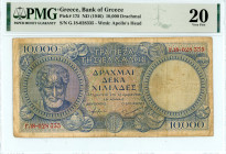 Greece
Bank of Greece (ΤΡΑΠΕΖΑ ΤΗΣ ΕΛΛΑΔΟΣ)
10.000 Drachmai , No Date (1946)
S/N Γ.18-028335
Printer Bradbury Wilkinson & Co.
Pick 175a; Pitidis 157

...