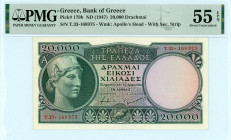 Greece
Bank of Greece (ΤΡΑΠΕΖΑ ΤΗΣ ΕΛΛΑΔΟΣ)
20.000 Drachmai, No Date (1947)
S/N Τ.33-168975
Printer.BWC
With Sec.Strip
Pick 179b; Pitidis 161

Graded ...