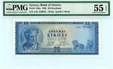Greece
Bank of Greece (ΤΡΑΠΕΖΑ ΤΗΣ ΕΛΛΑΔΟΣ)
20 Drachmai, 1st July 1955
S/N Z.01 530934
Pick 190a; Pitidis 178

Graded About Uncirculated 55 EPQ PMG...