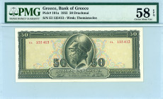 Greece
Bank of Greece (ΤΡΑΠΕΖΑ ΤΗΣ ΕΛΛΑΔΟΣ)
50 Drachmai, 1st March 1955
S/N ει. 135413
Printer.Bank of Greece 
Pick 191a; Pitidis 177 

Graded Choice ...