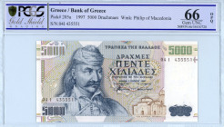 Greece
Bank of Greece (ΤΡΑΠΕΖΑ ΤΗΣ ΕΛΛΑΔΟΣ)
5.000 Drachmai, 1997
S/N 041I 435551
Printer Bank of Greece 
Pick 205a; Pitidis 194

Graded Gem Uncirculat...