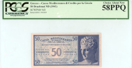 Greece
Cassa Mediterranea
50 Drachmai, No Date (1941)
S/N 0001 580055
Printer Italy
Pick M3; Pitidis 339

Graded Choice About New 58 PPQ PCGS CURRENCY