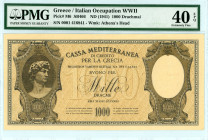 Greece
Cassa Mediterranea
1.000 Drachmai, No Date (1941)
S/N 0001 416841
Printer Italy
Pick M6; Pitidis 342

Graded Extremely Fine 40 EPQ PMG