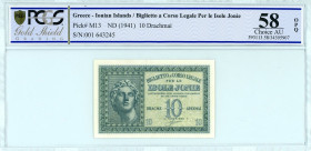 Greece
Ionian Islands
10 Drachmai, No Date (1941)
S/N 001 643245
Printer Italy
Pick M13; Pitidis 348

Graded Choice About Uncirculated 58 OPQ PCGS Gol...