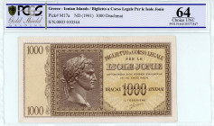 Greece
Ionian Islands
1.000 Drachmai, No Date (1941)
S/N 0003 010544
Printer Italy
Pick M17a; Pitidis 352

Graded Choice Uncirculated 64 PCGS Gold Shi...