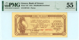 Greece
Local Issues
Patra, 100.000.000 Drachmai, 7th October 1944
S/N 097443
Pick 164; Pitidis 422

Graded About Uncirculated 55 PMG