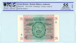 Greece
British Military Authority
2 Shilling and 6 Pence, No Date (1943)
S/N R Series
Pick M3; Pitidis 436

Graded About Uncirculated 55 OPQ PCGS Gold...