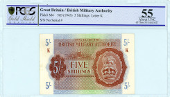 Greece
British Military Authority
5 Shilling, No Date (1943)
S/N K Series
Pick M4; Pitidis 437

Graded About Uncirculated 55 PCGS Gold Shield