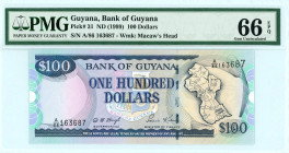 Guyana
Bank of Guyana
100 Dollars, No date (1999)
S/N A/86 163687
Wmk. Macaw's Head
Pick 31

Graded Gem Uncirculated 66 EPQ PMG