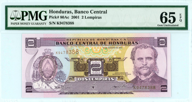 Honduras
Banco Central 
2 Lempiras, 2001
S/N K9478388
Pick 80Ac

Graded Gem Unci...