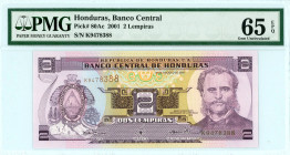 Honduras
Banco Central 
2 Lempiras, 2001
S/N K9478388
Pick 80Ac

Graded Gem Uncirculated 65 EPQ PMG