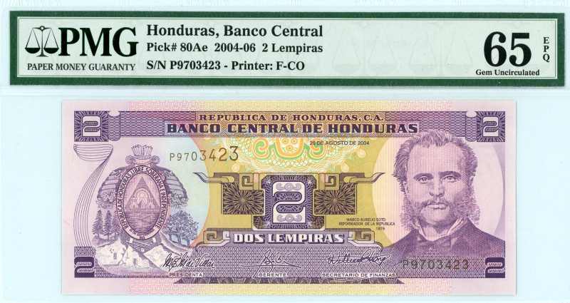 Honduras
Banco Central 
2 Lempiras, 2004-2006
S/N P9703423
Pick 80Ae

Graded Gem...