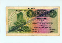Lebanon
Banque de Syrie et du Liban
1 Livre, 1939 (Provisional issue 1st September 1939), Overprint Liban
Printer BWC, Blue Overprint type A
S/N AX095...