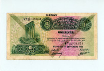 Lebanon
Banque de Syrie et du Liban
1 Livre, 1939 (Provisional issue 1st September 1939), Overprint Liban
Printer BWC, Olive Overprint type C
S/N DR03...