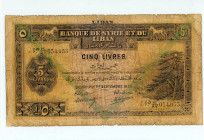 Lebanon
Banque de Syrie et du Liban
5 Livre, 1939 (Provisional issue 1st September 1939), Overprint Liban
Printer BWC, Green Overprint type C
S/N AV03...