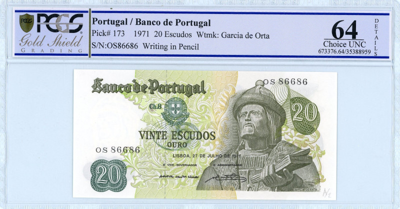 Portugal
Banco de Portugal
20 Escudos, 27th July 1971 
S/N OS86686
Printer De La...