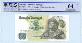 Portugal
Banco de Portugal
20 Escudos, 27th July 1971 
S/N OS86686
Printer De La Rue LTDR
Pick 173

Graded Choice Uncirculated 64 Details, Writing in ...
