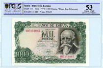 Spain
Banco de Espana
1000 Pesetas, 17th September 1991
S/N 6B5151085
Printer FNMT
Pick 154

Graded About Uncirculated 53 PCGS Gold Shield