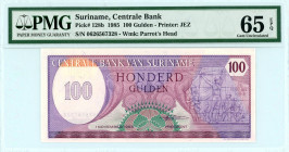 Suriname
Centrale Bank
100 Gulden, 1985
S/N 0626567328
Wmk. Parrot's Head
Pick 128b

Graded Gem Uncirculated 65 EPQ PMG