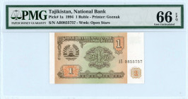 Tajikistan 
National Bank 
1 Ruble, 1994
S/N AB9855757 
Wmk. Open Stars
Pick 1a

Graded Gem Uncirculated 66 EPQ PMG
