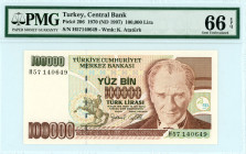 Turkey
Central Bank
100.000 Lira 1970 (ND 1997)
S/N H57140649
Wmk. K.Ataturk
Pick 206

Graded Gem Uncirculated 66 EPQ PMG