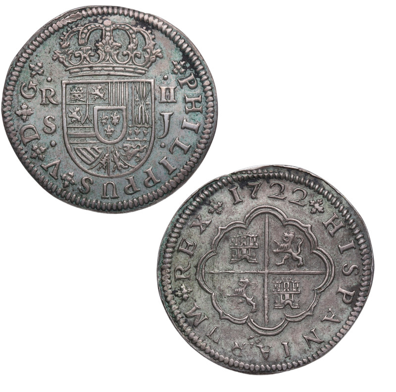 1722. Felipe V (1700-1746). Sevilla. 2 reales. J. A&C 980. Ag. 5,19 g. Atractiva...