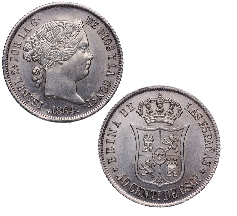 1864. Isabel II (1833-1868). Madrid. 40 Céntimos de Escudo. A&C 499. Ag. 5,28 g....