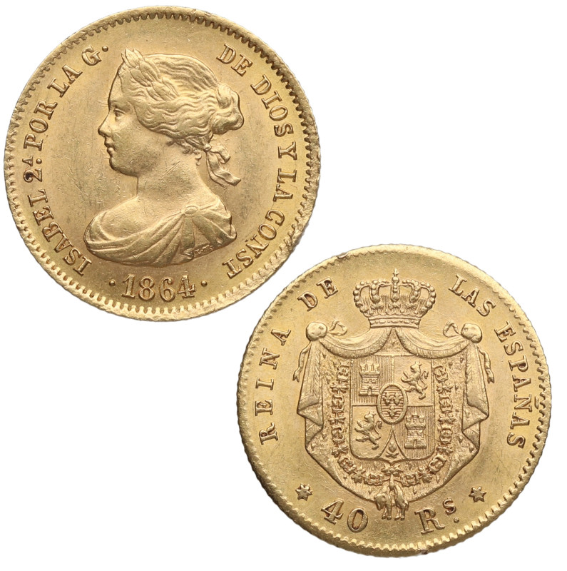 1864. Isabel II (1833-1868). Madrid. 40 Reales. A&C 686. Au. 3,32 g. Atractiva. ...