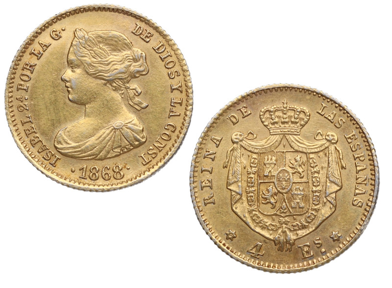 1868*68. Isabel II (1833-1868). Madrid. 4 escudos. A&C 693. Au. 3,24 g. Atractiv...