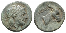 Aeolis, Aigai. ca.300-200 BC. AE (16mm, 3.91g). Laureate head of Apollo right / AIΓAE. Head of goat right. SNG Copenhagen 1; BMC 2-5.