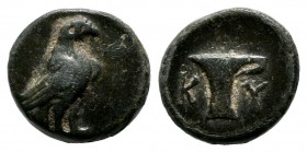 Aeolis, Kyme. ca.4th-3rd centuries BC. AE (10mm, 1.28g). Eagle standing right. / Skyphos. BMC 16; SNG Cop. 41; SNG v. Aulock 1625.