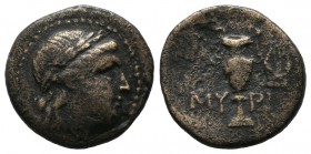 Aeolis, Myrina. Circa 2nd-1st century BC. AE Dichalkon (16mm, 3.24g). Laureate head of Apollo to right / MY-PI Amphora; to right, lyre. SNG Copenhagen...