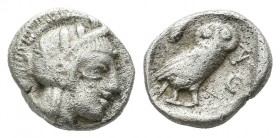 Attica, Athens. Circa 480-460 BC. AR Obol (9mm, 0.66g). Helmeted head of Athena right / Owl standing right, head facing, olive sprig behind, AΘE to ri...