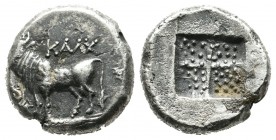 Bithynia, Kalchedon. ca.367-340 BC. AR Drachm (14mm, 3.69g). Bull standing left on grain ear; caduceus and monogram before / Stippled quadripartite in...