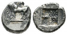 Bithynia, Kalchedon. Circa 367-340 BC. AR Drachm (15mm, 3.82g). Bull standing left on grain ear; caduceus and monogram before / Stippled quadripartite...