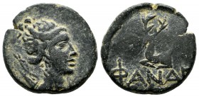 Bosporus, Phanagoria. Second century BC. AE 22 (21mm, 7.19g). Head of Artemis right, bow and quiver over shoulder / ΦANAΓO/PITΩN, Recumbent stag left....