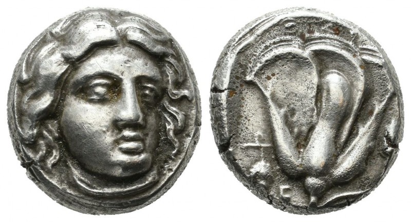 Caria. Rhodes, (Mid-late 4th century BC). AR Didrachm (16mm, 6.89g). Head of Hel...