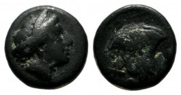 Caria. Rhodes. Circa 338-304 BC. AE (10mm, 1.48g). Head of nymph Rhodos right / P - O / Σ. Rose with bud right. BMC 108 ff. var. (letter).