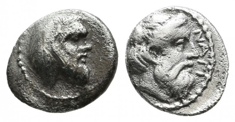 Cilicia, Nagidos. Circa 400-380 BC. AR Obol (10mm, 0.70g). Bearded head of Pan t...