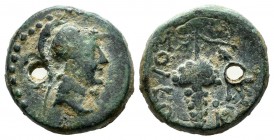Cilicia, Soloi. Circa 100-30 BC. AE (16mm, 4.09g). Helmeted head of Athena right / Grape bunch; two monograms to right. SNG BnF 1182.