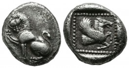 Dynasts Of Lycia. Uncertain. Circa 490/80-440/30 BC. AR Stater (19mm, 9.08g). Lion seated left, raising right paw / Forepart of Pegasos right in dotte...