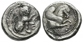 Dynasts Of Lycia. Uncertain. Circa 500-470 BC. AR Stater (21mm, 8.69g). Lion seated right, left forepaw raised; floral pattern before / Forepart of Pe...