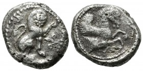 Dynasts Of Lycia. Uncertain. Circa 500-470 BC. AR Stater (22mm, 8.79g). Lion seated right, left forepaw raised; floral pattern before / Forepart of Pe...