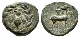Ionia, Ephesos. Circa 50-27 BC. AE (12mm, 2.28g). Python, magistrate. Bee with straight wings within wreath / Stag standing right, head left, before l...