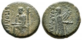 Ionia, Kolophon. Circa 50 BC. AE (17mm, 6.04g). Apollas, magistrate. AΠOΛΛAΣ, Homer seated left on throne, holding scroll in left hand, resting chin o...